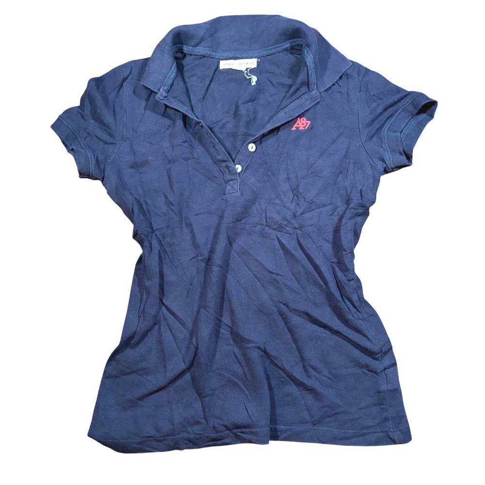 Aeropostale Y2K Baby Tee Navy Blue Short Sleeve Pique Polo Shirt Small Red Logo